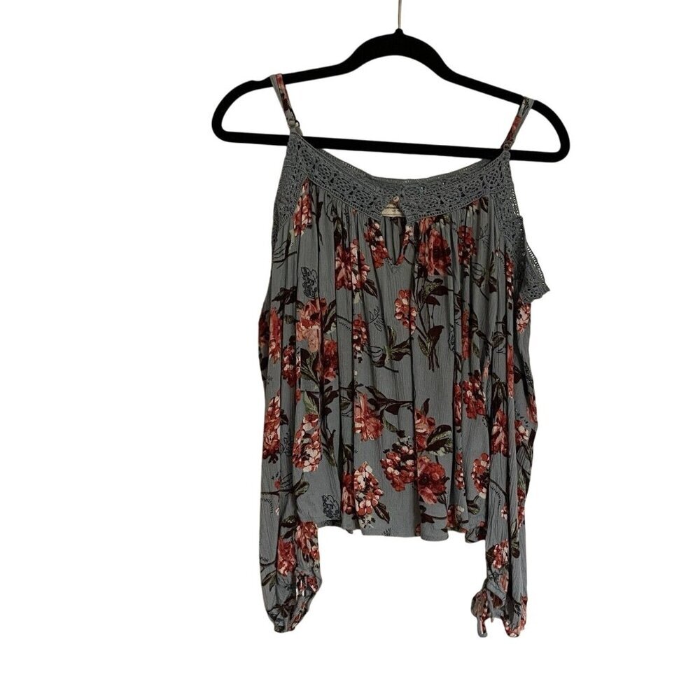 Abercrombie & Fitch Women S Blue Floral Long Sleeve Cold Shoulder Keyhole Blouse - Picture 2 of 10